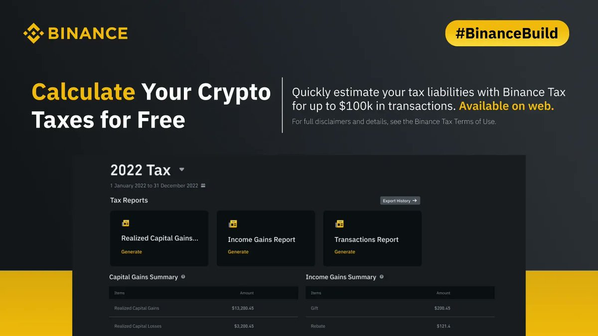 Introducing #Binance Tax, a tool which allows you to easily calculate your crypto  taxes 🤝 Free, self-customised, and accurate crypto tax reports brought to  you by #BinanceBuild. T&Cs here ➡️ https://t.co/qVQLttCHjb