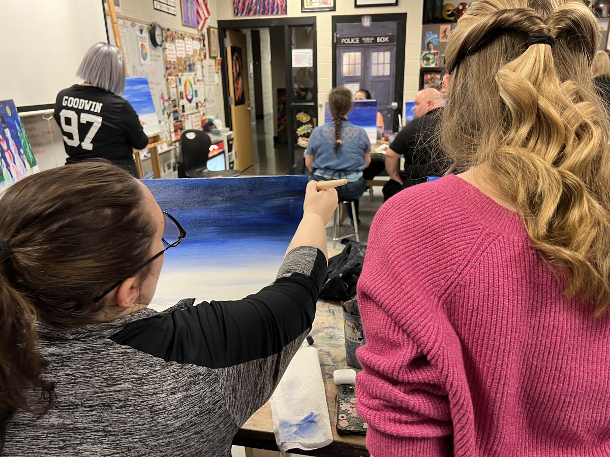 RepublicSchools's tweet photo. Staff members from across the district recently participated in an Art Therapy class with Republic High School painting teacher, Holly Goodwin! Employees enjoyed a painting class while learning how to use art to navigate stress. #RepMOProud https://t.co/UJSP7k5WU1