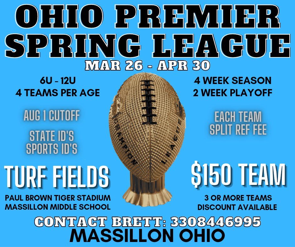 💥Spring Football - We're Almost Full!!! 💥
✅️Join the best Spring League today!!!
⚠️Need 11u and 12u teams!⚠️
Reach out ASAP to secure your spot! We can accommodate other ages ONLY if you're bringing a 11u or 12u team!