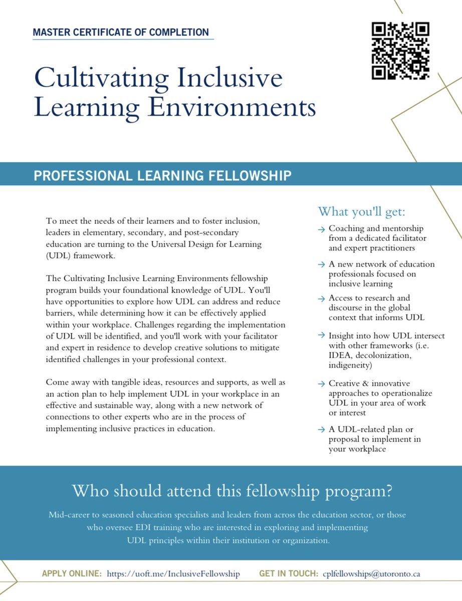 Are you a PK-12 or Post-Secondary Education Specialist/Leader who wants to provide inclusive, equitable &amp; accessible learning environments w/in your organization?

Learn how <a href="/OISE_CPL/">OISE CPL</a>’s “Cultivating Inclusive Learning Environments” Fellowship can support: cpl.oise.utoronto.ca/program_certif…