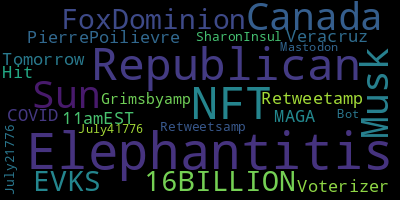 infokalyptisch's tweet photo. Trending in my timeline now: #Elephantitis (4) #NFT (3) #Republicans (2) #Canada (2) #Sun (2) #Musk (2) #FoxDominion (1) #16BILLION (1) https://t.co/gXCFjP5ZSH