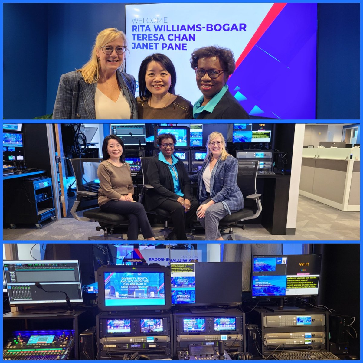 PersDevSolu's tweet image. The day before the DEI broadcast - left to right top pic. Janet Pane, global head at WTW, flew in from London. Teresa Chan, Masters Program Director at Columbia University, flew in from LA via NY. I flew in from EWR. Warm reception from @SLACALNews Fabulous operation!