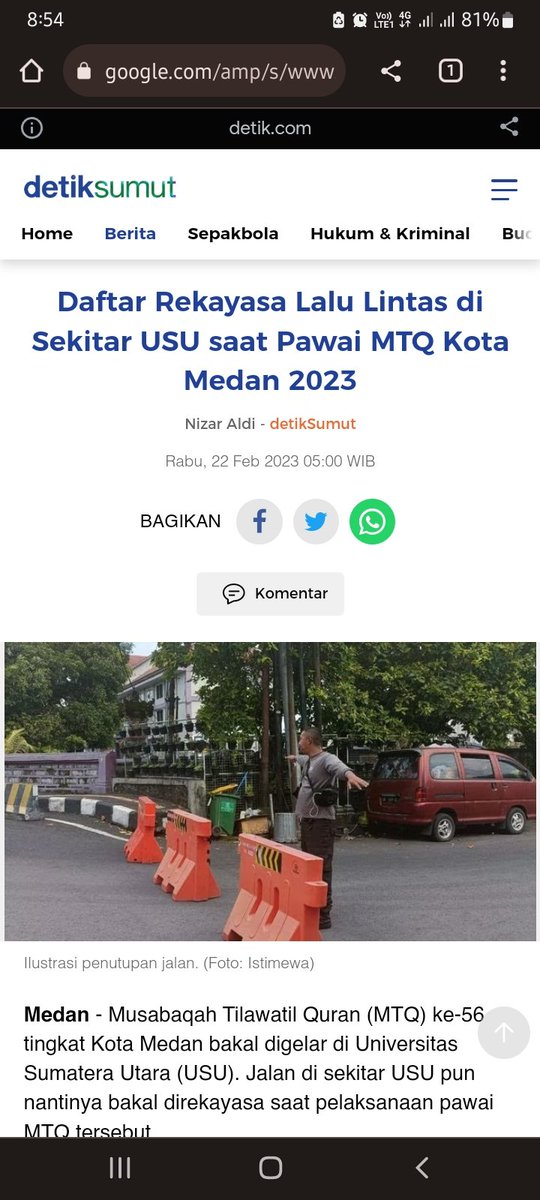 Musabaqah Tilawatil Quran (MTQ) ke-56 tingkat Kota Medan bakal digelar di Universitas Sumatera Utara (USU). Jalan di sekitar USU pun nantinya bakal direkayasa saat pelaksanaan pawai MTQ tersebut.

Pawai tersebut bakal berlangsung pada Sabtu (25/2) pagi ... instagram.com/p/CpBw5FzyN49/…