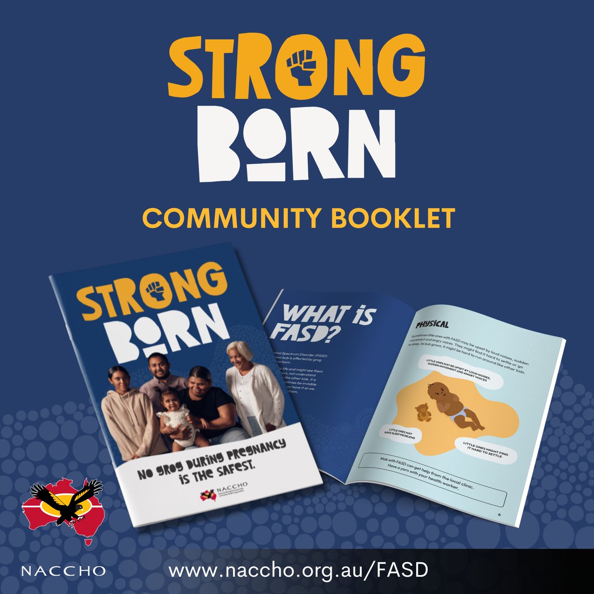 No grog during pregnancy is best.

The ‘Strong Born’ community booklet raises awareness of Fetal Alcohol Spectrum Disorder (FASD) among community members.

More info & resources: naccho.org.au/FASD

#StrongBorn #FASDawareness #AlcoholHarms #Pregnancy