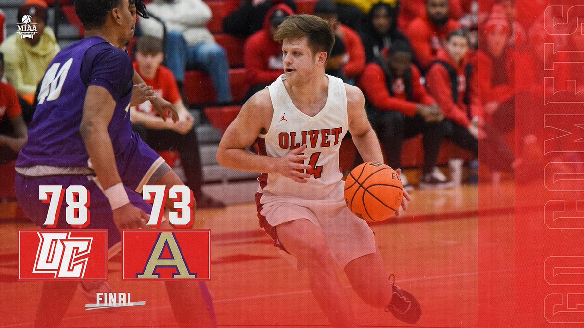 OlivetAthletics's tweet photo. The @OC_MBasketball team defeated Albion, 78-73, in the @MIAA1888 Tournament first round. Ryan Robinette scored 23 points. Other double digit scorers were Ryan Bart (15), Derrick Johnson (12) and Noah Wiswary (10).

READ -- https://t.co/tl4jqWQQ9z

#GoCOMETS #OCNation #d3hoops https://t.co/9ZnSlFrH30