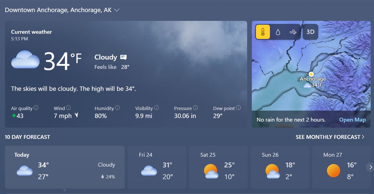 askboomer1949's tweet photo. It is 36 degrees at our building.
Light snow but threatening rain ... then it will turn cold.
Weird winter.
#Anchorage #AnchorageWeather #AnchorageAlaska
(from MSN)
Rt https://t.co/psFZt4VaLe