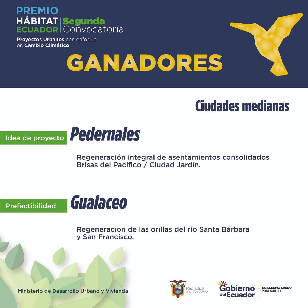 ViviendaEc's tweet photo. 📝BOLETÍN DE PRENSA| 9 municipios fueron galardonados con el #PremioHábitatEcuador, liderado por el Ministerio de @Vivienda_ec, por sus proyectos urbanos con enfoque en cambio climático

Más detalles ➡️ https://t.co/4cVRt34PyW https://t.co/qgtZvDiwFR