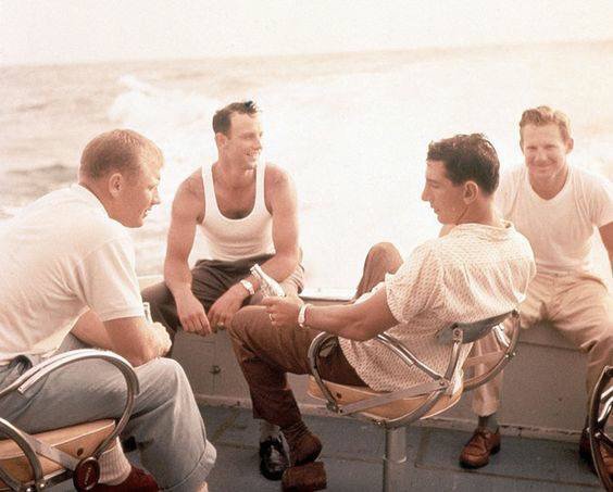 baseballinpix's tweet photo. Mickey Mantle, Bob Grim, Billy Martin and Whitey Ford enjoying some downtime out on a boat, 1957. Wouldn't that be a fun boat ride to be on? https://t.co/MXB594AnaL