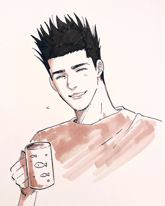 ※snd彼は大人っぽい味が好みかと思って、ブラックコーヒーを淹れてあげたら「オレ、甘いのしか飲めないんだ」って言って申し訳なさそうに笑うsndくんの夢を見たので、絵に描いておきました。#SD夢  #SDプラス 