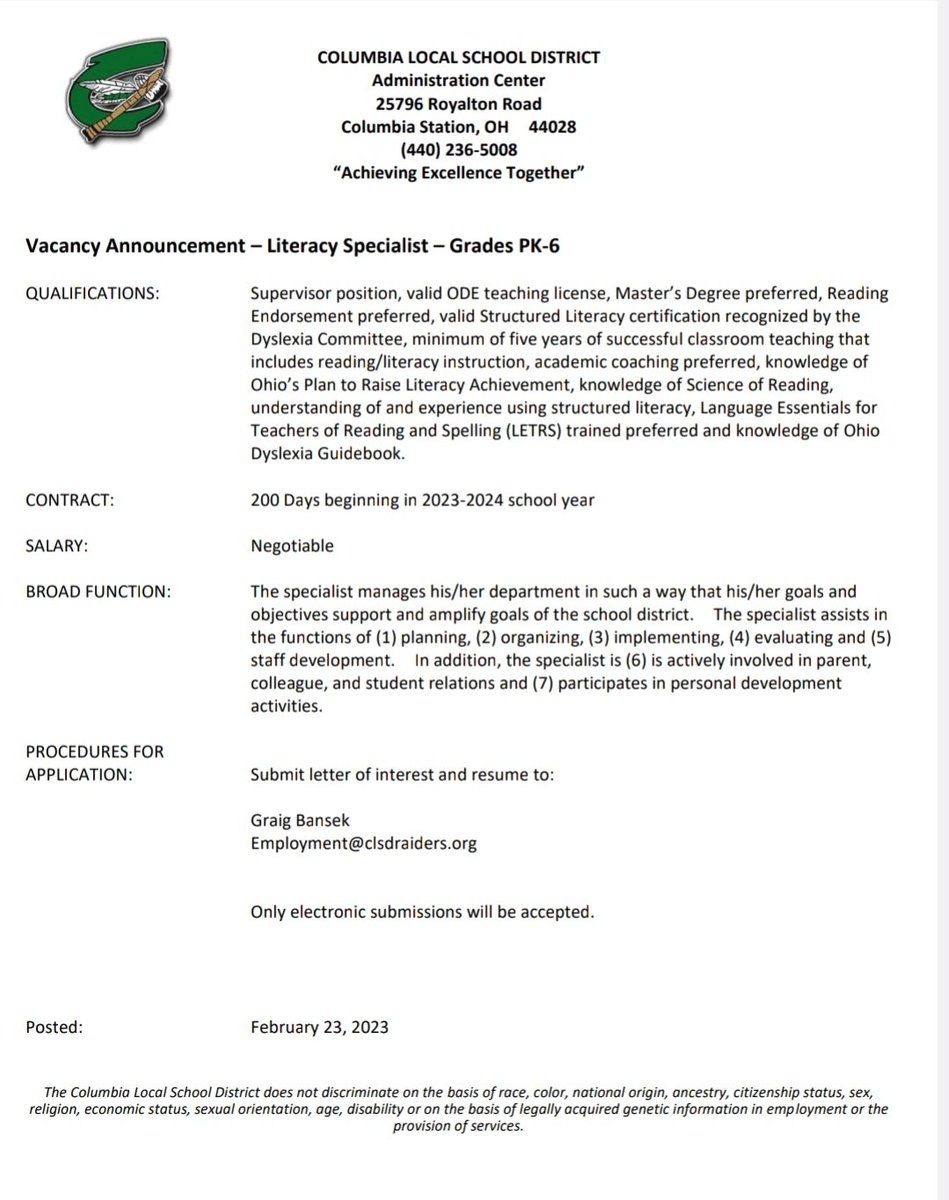 graigbansek's tweet photo. Looking for another great person to join our TEAM.  CLSD is hiring a PK-6 Literacy Specialist for 23/24. Please see posting below.  @CHSRaiders @RaiderMiddle @CopopaElem https://t.co/hRnNhY1ctA