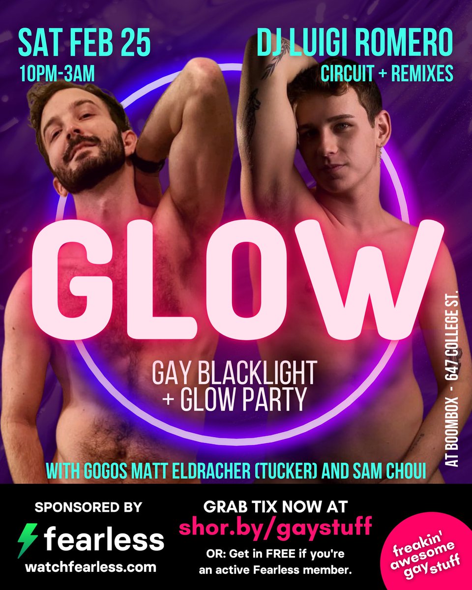 gaystufftoronto's tweet photo. This Saturday - don’t miss GLOW!

With DJ Luigi Romero and your GoGo’s @MattEldracher and @hotofamess 

Blacklight &amp; Neon vibes. Let’s see those looks! Coat/clothes check is free.

Get your tix now at https://t.co/2iemCh0ZGu https://t.co/aDuOvxjuEs