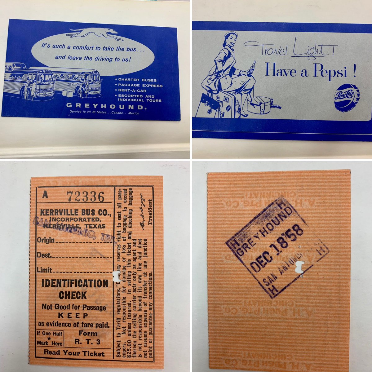 FriendsofPPLD's tweet image. @GreyhoundBus ticket from 1958 to San Antonio, TX with an ad for @pepsi #foundinabook  #bookfind #inusedbooks #ppld #Libraryfriends