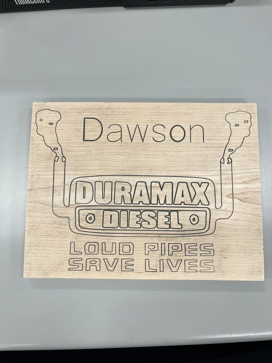 TomMacIsaac2's tweet photo. CNC router projects, basic graphic and font. Students also worked with construction teacher to finish their work, staining and sanding. #fmcsd @SyncrudeCanada @amatrol https://t.co/zuQAXMKC2X
