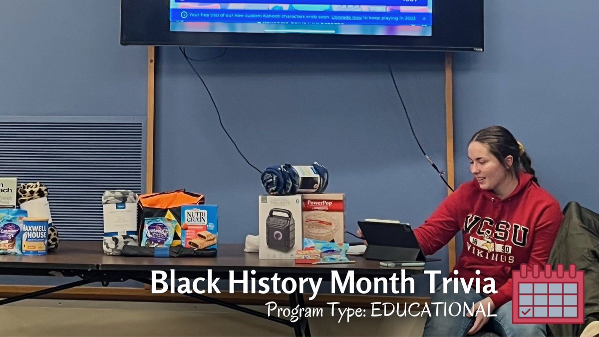 VCSUResLife's tweet photo. Q: Do you know what this month is? // A: Black History Month!

Snoey RAs hosted games of Kahoot in the Student Center with questions about historical Black figures, movements, and culture.

#VCSUResLife #RAProgram #BlackHistoryMonth https://t.co/2SNUX0yYxR
