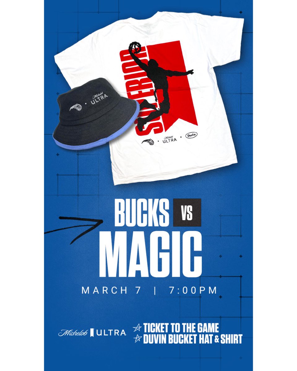 Join the <a href="/MichelobULTRA/">Michelob ULTRA</a> Party on 3/7 when the <a href="/OrlandoMagic/">Orlando Magic</a> take on the Bucks at home! #MagicTogether

$100 gets you:
• A game ticket
• Limited edition Duvin shirt &amp; bucket hat

Get your tickets here ——> offer.fevo.com/magic-vs-bucks…