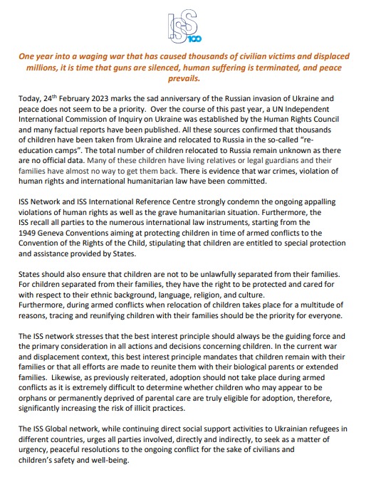 ISS has joined its international partners in calling for the protection of children and families from war following the Russian invasion of Ukraine one year ago. A statement from ISS Geneva is attached.