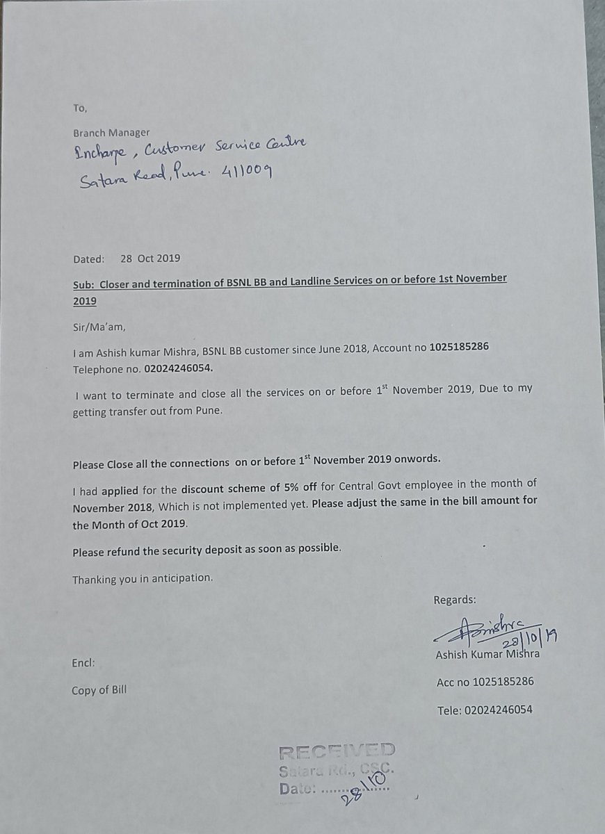 AshishM3191's tweet photo. I'm waiting for a refund of the security deposit amount since 28-10-2019.
I'm also waiting for refund for the adjustment of 5% discount on all bill of Broadband connection since 28-10-2019. Hope 3yrs 3 months are enough for refund. @BSNLCorporate @PMOIndia https://t.co/bnRAASPMPR