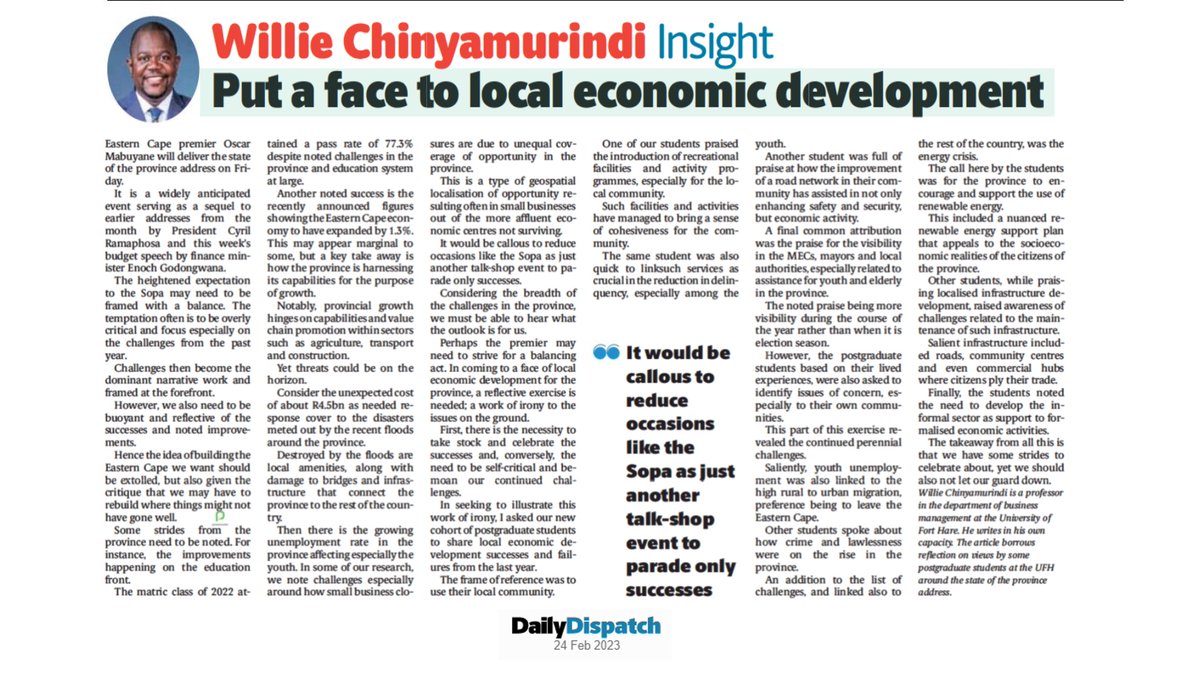 Ahead of the State of the Province Address, we used an appreciative inquiry technique with some of our postgraduate students to assess pros and cons in the EC. Here is an OP ED in the Daily Dispatch with some of these views. #ECSOPA2023.  #BuildingTheEasternCapeWeWant