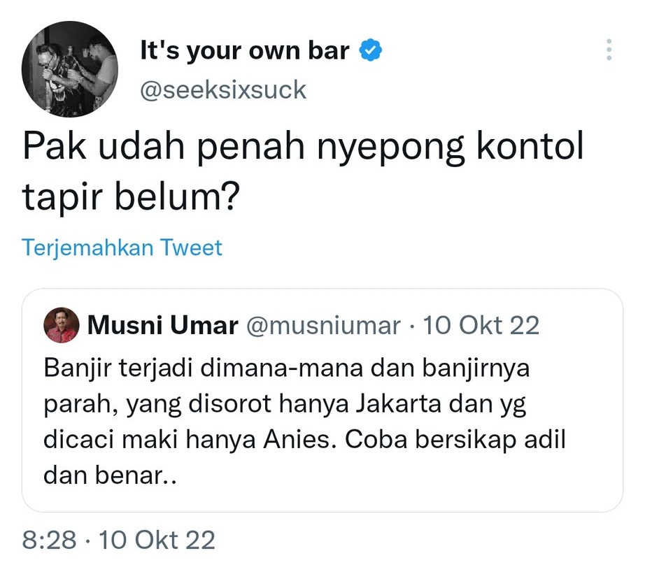 Mbak <a href="/AlissaWahid/">Alissa Wahid</a>, mas <a href="/seeksixsuck/">It's your own bar</a> ini Pengurus Pusat (PP) GP Ansor 

Buat NAHDLATUL ULAMA,memang tidak mungkin Kalian bisa menjangkau seluruh Pengurus kalian

Tapi adakah cara utk melakukan pendidikan politik adab &amp; akhlak pada para Pengurus kalian,supaya tetap beradab ?