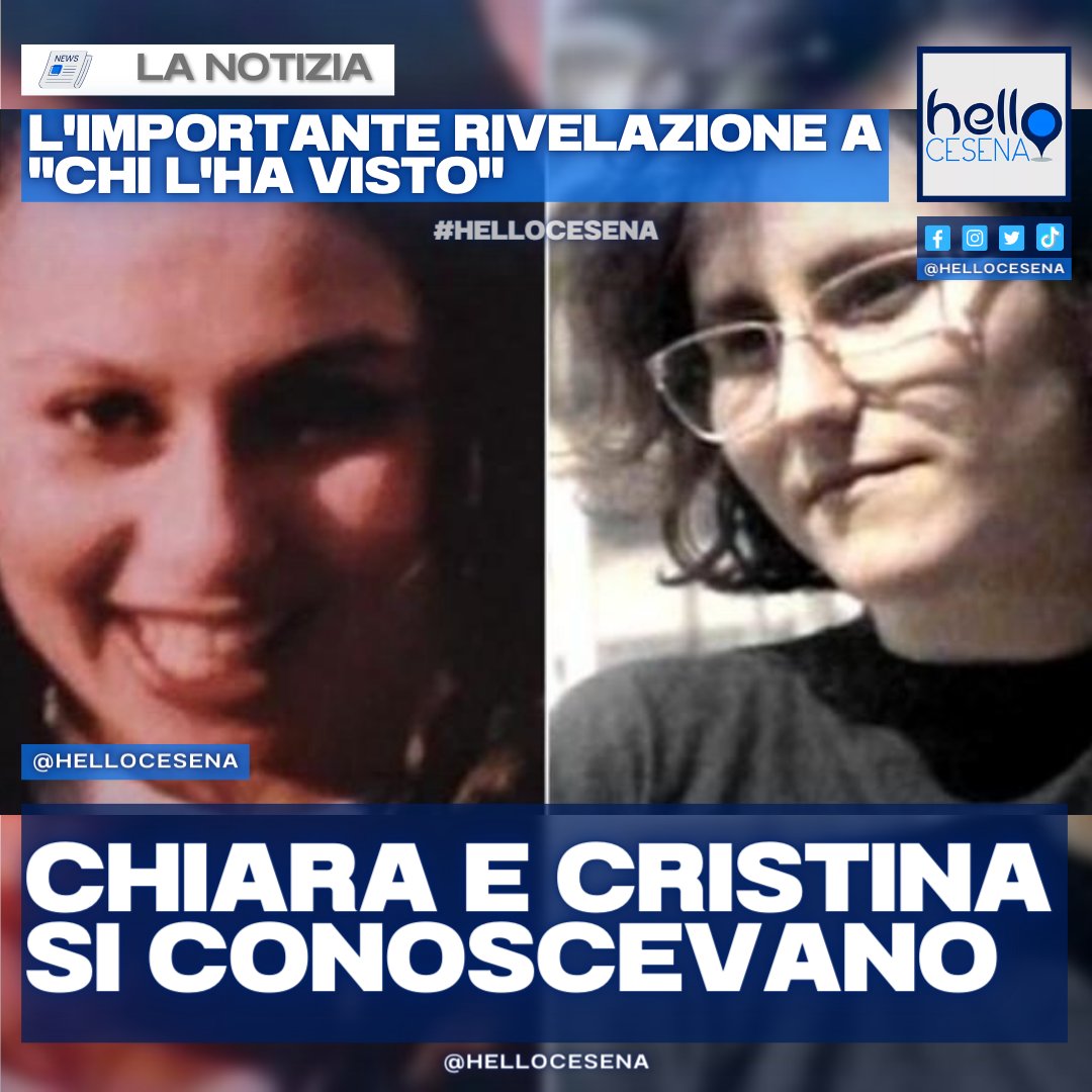 hellocesena's tweet photo. 🔴 CHIARA BOLOGNESI E CRISTINA GOLINUCCI SI CONOSCEVANO
L'importantissima rivelazione è andata in onda mercoledì sera durante la trasmissione di #Rai3 #ChilhaVisto
Qui tutte le info sulla scomparsa delle due ragazze di #Cesena:
https://t.co/eQYJhGHBAA
#HelloCesena https://t.co/oCkgRnKMqO