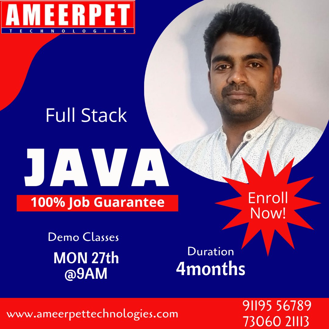 AmeerpetTechno1's tweet image. Is being full stack developer a good career?
✍️Enroll Now: ameerpettechnologies.com
👉Duration : 4 Months
👉Demo Classes: Mon 27th @ 9:00 AM (IST)
We #ameerpettechnologies help you. we offers #javafullstack #dotnetfullstack #uifullstack #pythonfullstack #clanguageprogramming