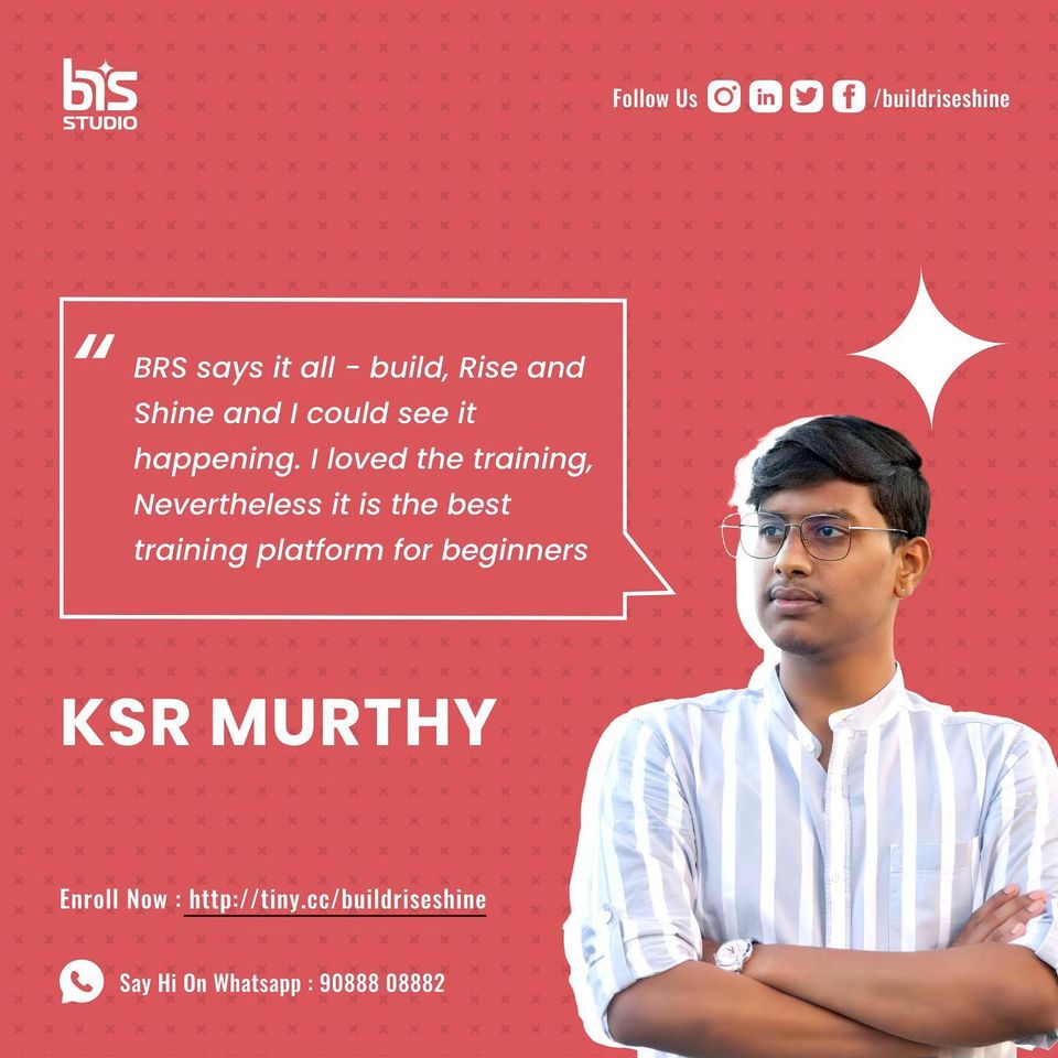buildriseshine's tweet photo. Meet our amazing students and hear what they have to say about the SoftwareDevelopment Training at BRS!
You are just a click away to transform your career. Enroll now today and Sign up now!
Contact: 8374810884
#nyros #brs #buildriseshine #training #mentoring #bootcamp https://t.co/ZPFrNrugnG
