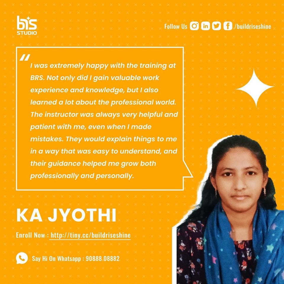 buildriseshine's tweet photo. Meet our amazing students and hear what they have to say about the SoftwareDevelopment Training at BRS!
You are just a click away to transform your career. Enroll now today and Sign up now!
Contact: 8374810884
#nyros #brs #buildriseshine #training #mentoring #bootcamp https://t.co/ZPFrNrugnG