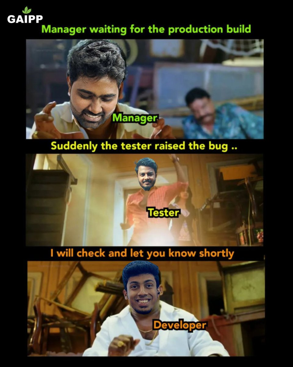 GaippPvt's tweet photo. Don't underestimate the power of #tester

😂🤣😂 

#gaipp #tester #itmemes #itparithabangal #trendin #developer #trendingreels #dev #itdood https://t.co/tcvGguxxIB