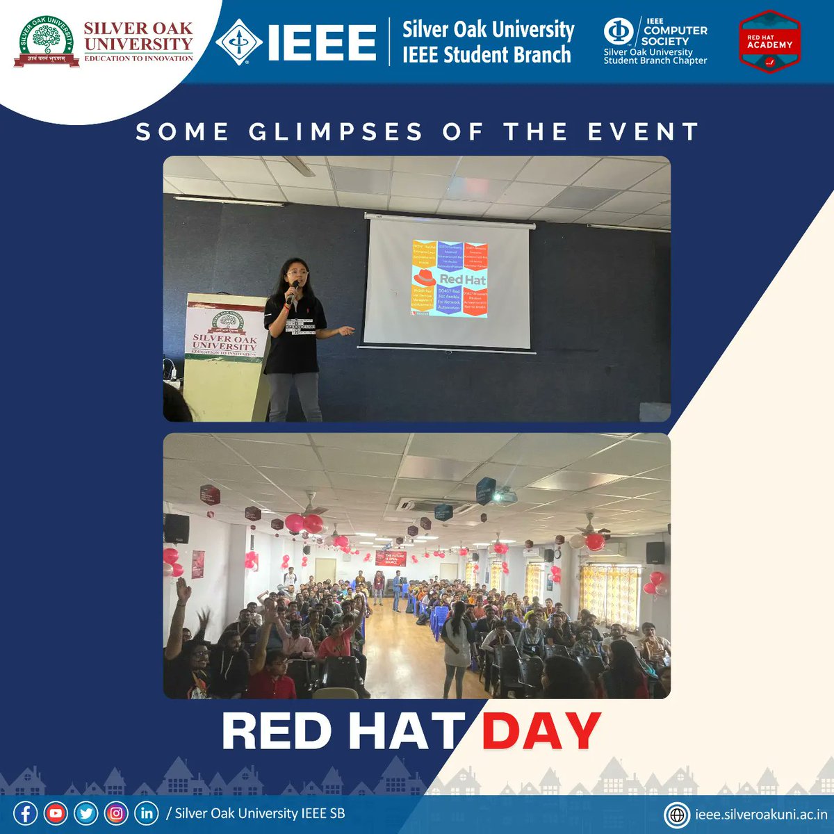 #RedHatAcademySOU in collaboration with #IEEESOUCSSBC at #SilverOakUniversity celebrated #RedHatDay on 23 Feb `23, a remarkable event that brought students, educators, and industry experts together to celebrate the power of #open_source #technology and education.#ieee #sou #sousb