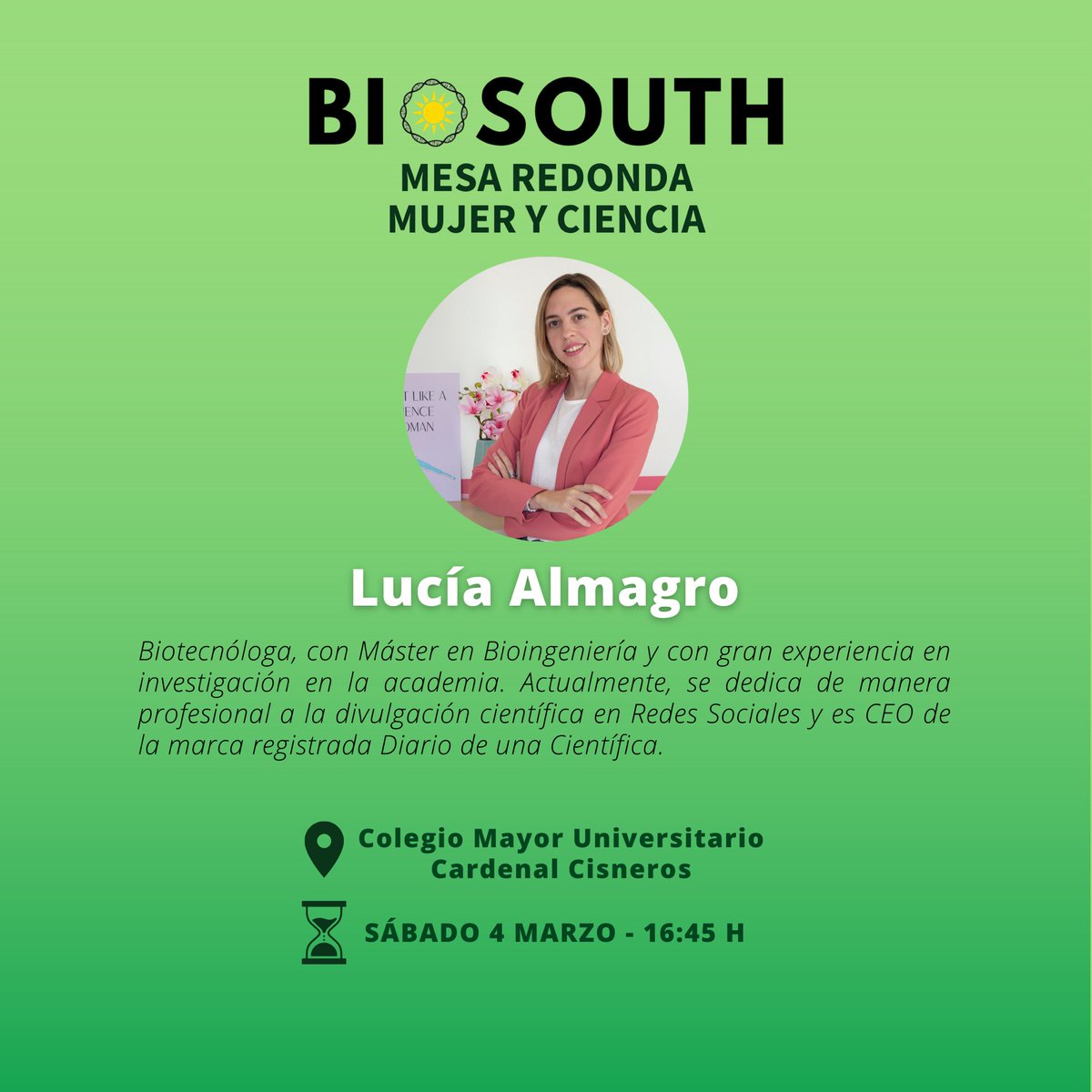 🚺 En la mesa redonda de Mujer y Ciencia, participa Elena Gómez Díaz (IPBLN) junto con Lucía Almagro, Lourdes López y Jara Juana Bermejo. Natalia Ruiz será moderadora.

<a href="/ddcientifica/">Diario de una científica</a> <a href="/lourdeslpez/">Lourdes López Pérez</a> <a href="/bynzelman/">La Zelman</a>