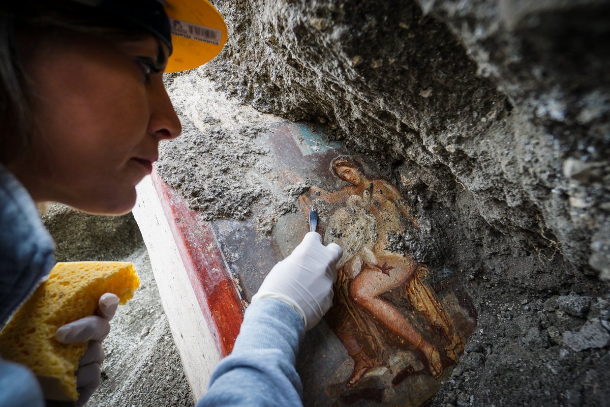 Symmach_'s tweet image. #FrescoFriday | The tantalising moment in 2019 when a new fresco in #Pompeii was uncovered!
Buried in Regio V of Pompeii since 79 CE, it depicts in vivid detail the ancient Greek myth of Leda and the Swan.
📷 Cesare Abbate
#Classics #Greek #Roman #Art #History