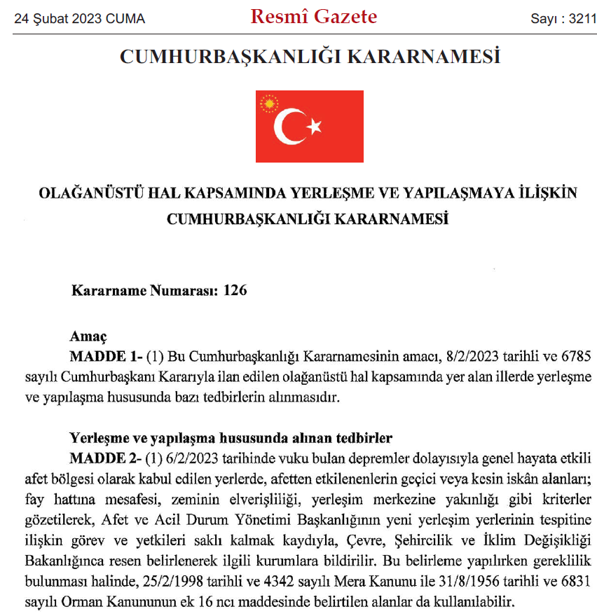 DoganayTolunay's tweet photo. Resmi Gazetede yayınlanan Cumhurbaşkanlığı Kararnamesi ile deprem bölgesindeki Orman Kanunu Ek 16. Maddesi kapsamındaki alanlar ile Mera Kanunu kapsamındaki alanlar yerleşime açılabilecek. https://t.co/fsyle8Rr33