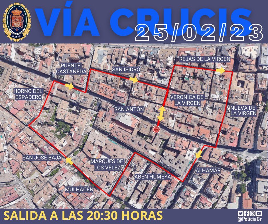 PoliciaGr's tweet photo. Mañana día 25 de febrero, a las 20:30 horas desde el Convento del Santo Ángel Custodio en calle San Antón, #VíaCrucis al Jesús Nazareno de las Penas de la Hermandad @XtodeSanAgustin.
El itinerario previsto generará cortes y desvíos de tráfico.
☎️092 https://t.co/XGrgjCmPkQ