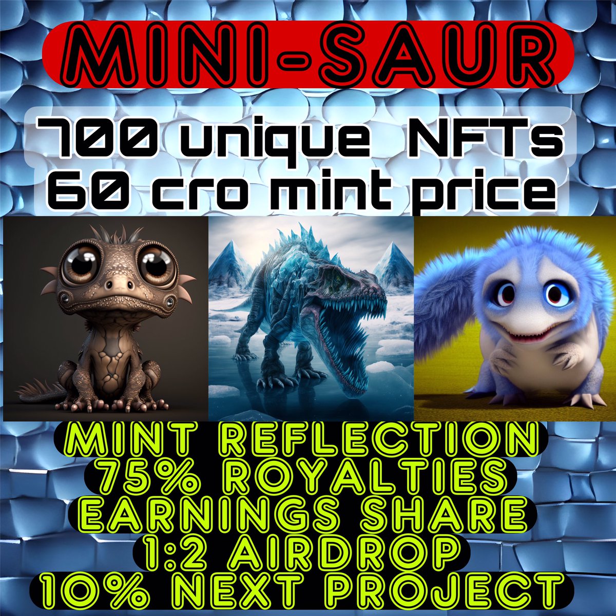 Collab #Giveaway🎁
with a new #Cro project in the #Cronos ecosystem!

Prizes
🏆1x  #freemintNFT ⚔️
🏆 1x SAUR #NFT 🦖

To Enter
✅Follow 
<a href="/CronosWarriors_/">CRO Warriors - MINT is LIVE</a>

<a href="/saur_mini/">MINI SAUR & MORE  MINT LIVE</a> 

✅❤️ &amp; 🔁
✅Tag 3 #crofam   

⏳72H

#FFTB #NFTs #NFTGiveaway #NFTCommunity #DYOR #NFA #Giveaways