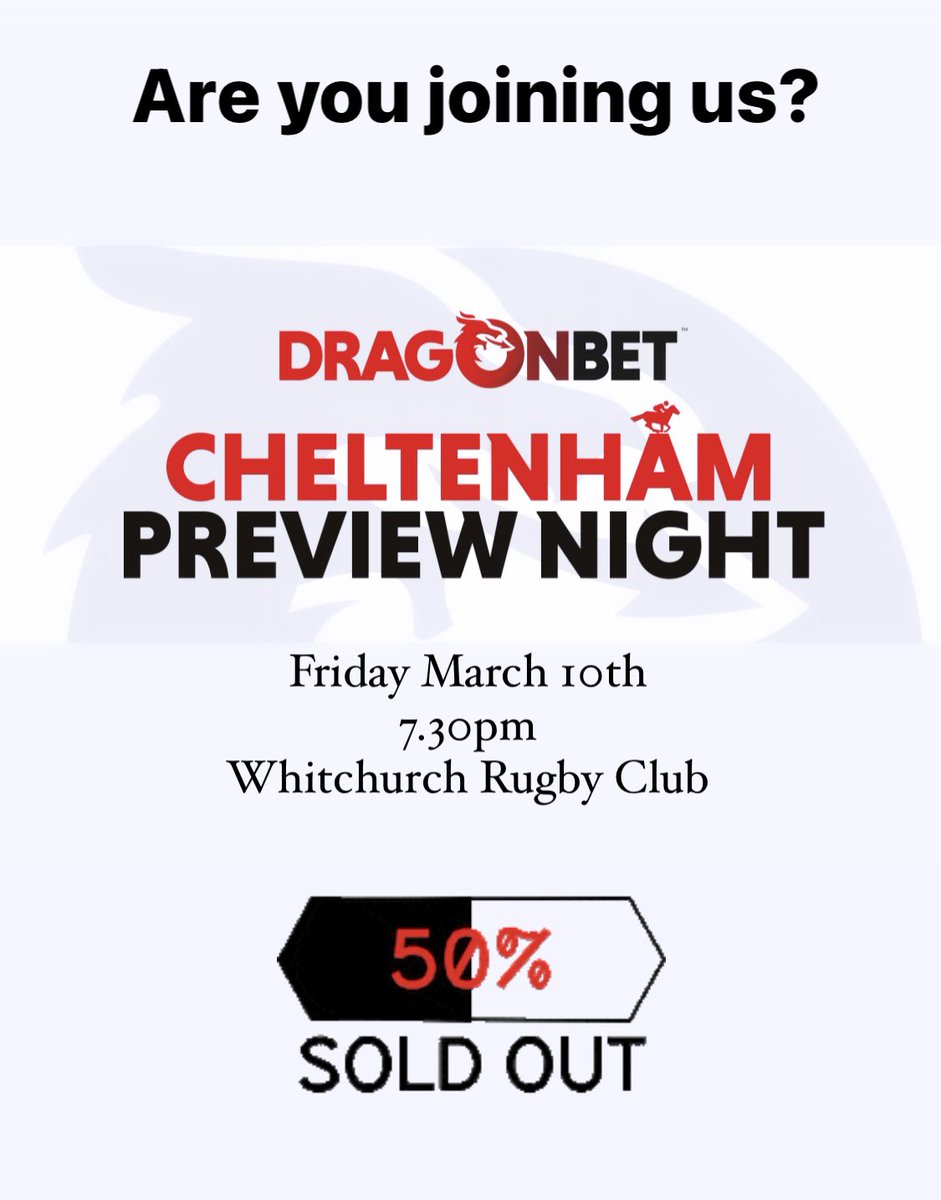 Our Cheltenham Preview Evening tickets are selling fast!  
We’re now 50% SOLD OUT after just 3 days! 
Grab your tickets now via our website 🏇 

#cardiff #cheltenhamraces 
#DragonBet #WelshSport #Betting #Bookmakers #Welsh #HorseRacing #HorseRacingUK