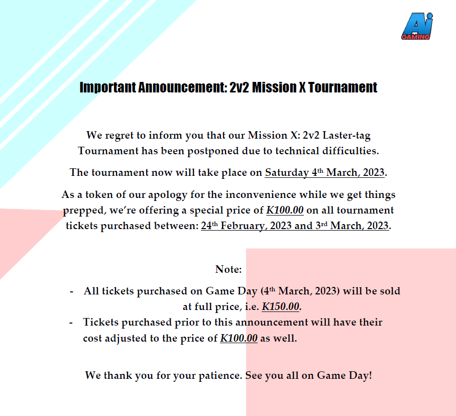 AiGaming13's tweet photo. We have an Important Announcement about our Mission X: 2v2 Laser-Tag Tournament 🎮 https://t.co/BUgxGxT1C2