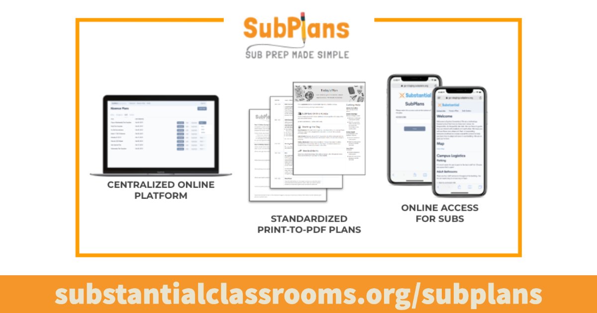 BeSubstantial's tweet image. SubPlans is a simple tool that makes it easier for teachers to create plans, admin teams to manage plans, and subs to understand plans.  substantialclassrooms.org/subplans-2/