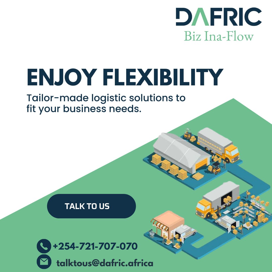 Tailored logistics solutions, just for you! At DAFRIC, we go the extra mile to understand your needs and provide customized logistics solutions that perfectly fit your requirements.
#BizInaFlowNaDafric #TailorMadeLogistics #DAFRICLogistics #3PL #lastmilelogistics #LogisticsKenya