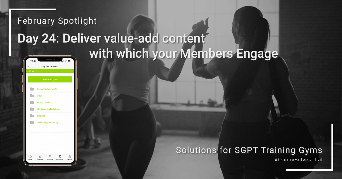 QuooxGMS's tweet photo. Day 24. Through Quoox, you can quickly and easily share valuable content with your members, groups, or individual members. The member can then readily access this through either the Quoox mobile app or your FitnessHub member portal. #QuooxSolvesThat https://t.co/NKsu9bQIlF