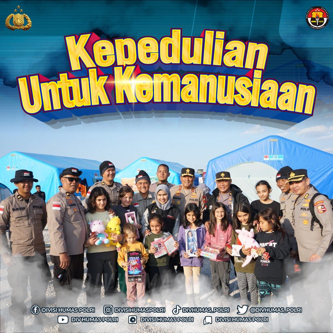 Kepedulian Untuk Kemanusiaan

Momen kebersamaan personel Polri dan anak-anak Turki dalam kegiatan trauma healing untuk korban terdampak gempa bumi di Kota Hassa, Provinsi Hatay, Turki.