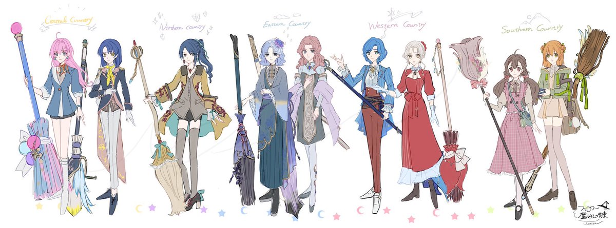multiple girls 6+girls blue hair pink hair dress long hair staff  illustration images