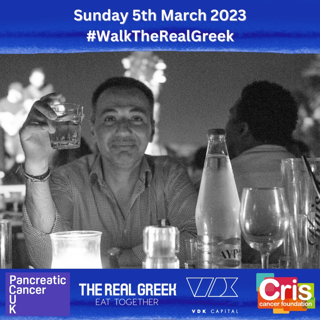 We are paying tribute to Christos Karatzenis’ life & legacy by #WALKTHEREALGREEK with friends & family we walk in his memory to raise funds & awareness for #pancreaticcancer in partnership with @PancreaticCanUK @RealGreekTweet & VDK Capital. Donate here: ow.ly/LWl550N0t5s