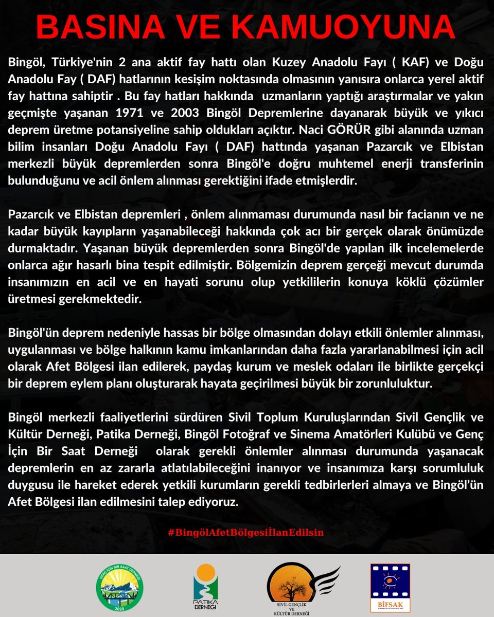 📢 4 Sivil Toplum Kuruluşu olarak Bingöl'ün Afet Bölgesi İlan Edilmesi ile İlgili Ortak Açıklamamız

📍Açıklamayı Yapan STK'lar:

-Sivil Gençlik ve Kültür Derneği
-Patika Derneği (<a href="/patikader/">Patika Dernegi</a>) 
-BİFSAK
-Genç İçin Bir Saat Derneği ( <a href="/gencicinbirsaat/">Genç İçin Bir Saat Derneği</a> )
#BingolAFETBolgesiİlanEdilsin