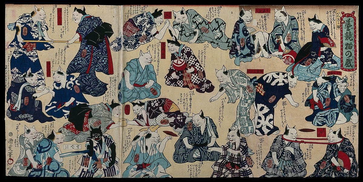 Cats in Human Dress Playing Games by Kunimasa IV (1870s)