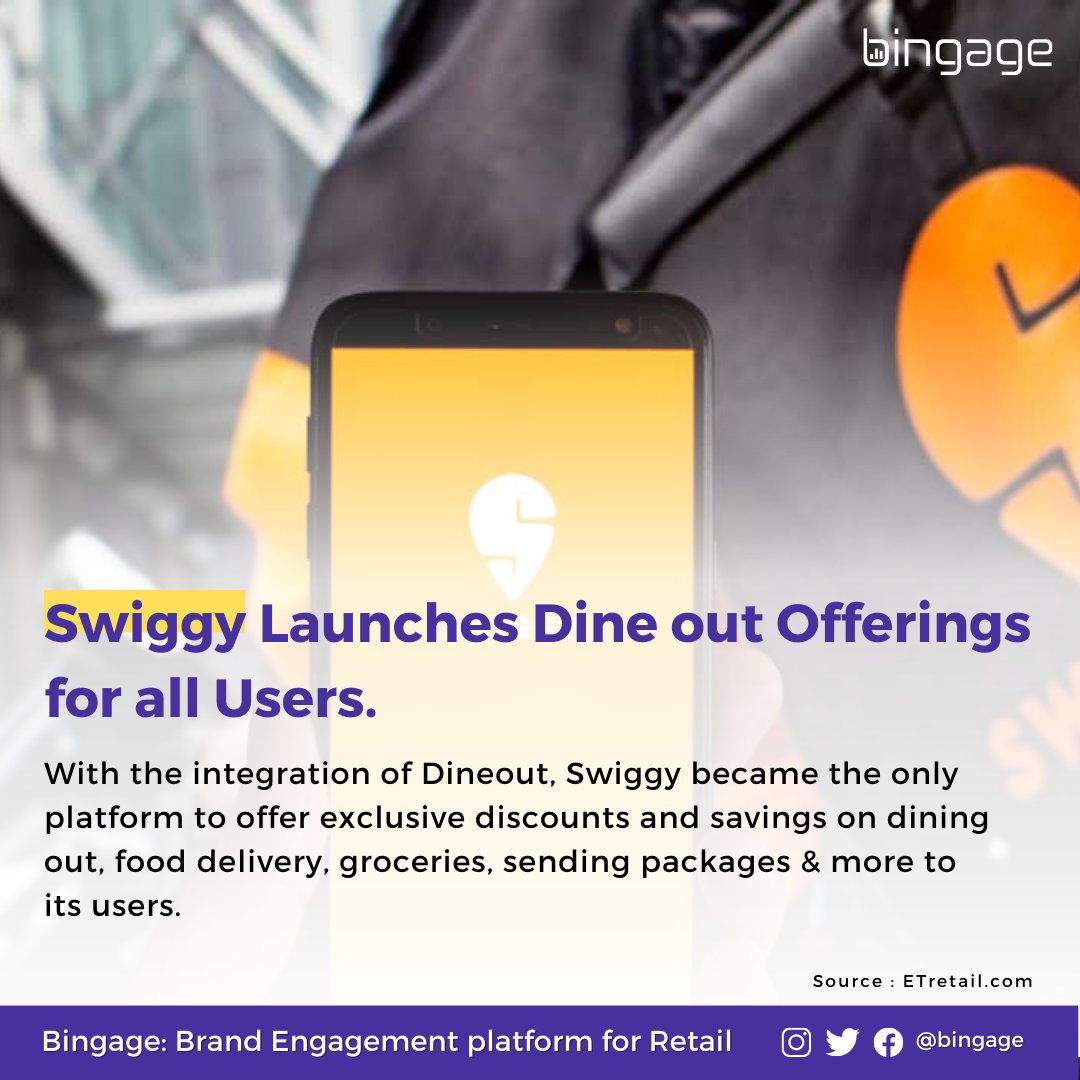 GetBingage's tweet photo. Online food delivery platform @swiggyindia has announced the integration of Dineout offerings on the platform, making it available for all its users. This integration will enable millions of Swiggy users to choose from tens of thousands of dining-out options. https://t.co/ITWYD3Xvbe