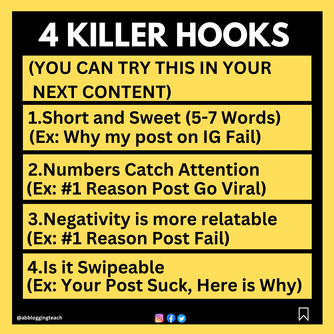 abbloggingteach's tweet photo. 4 Killer Hooks
#bloggingtips #earnmoneyonline #seo #seotips  #digitalmarketing #affiliatemarketing #makemoneyonline #digitalmarketingstrategy #digitalmarketingtips #digitalmarketingtools #smm #abbloggingteach https://t.co/OZC1Vzr6nw