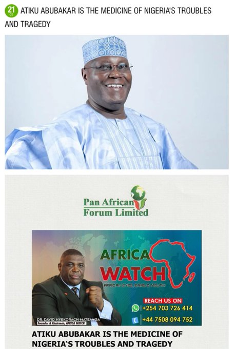 Atiku Abubakar is the medicine of Nigeria's troubles and tragedies. ~ @MatsangaDr  

@MobilePunch @vanguardngrnews @channelstv @daily_trust @DailyPostNGR @thecableng 
#NigeriaElections2023 #NigeriaDecides #nigeriainfomcf 
Details: panafricanforumltd.com/ATIKU_ABUBAKAR…