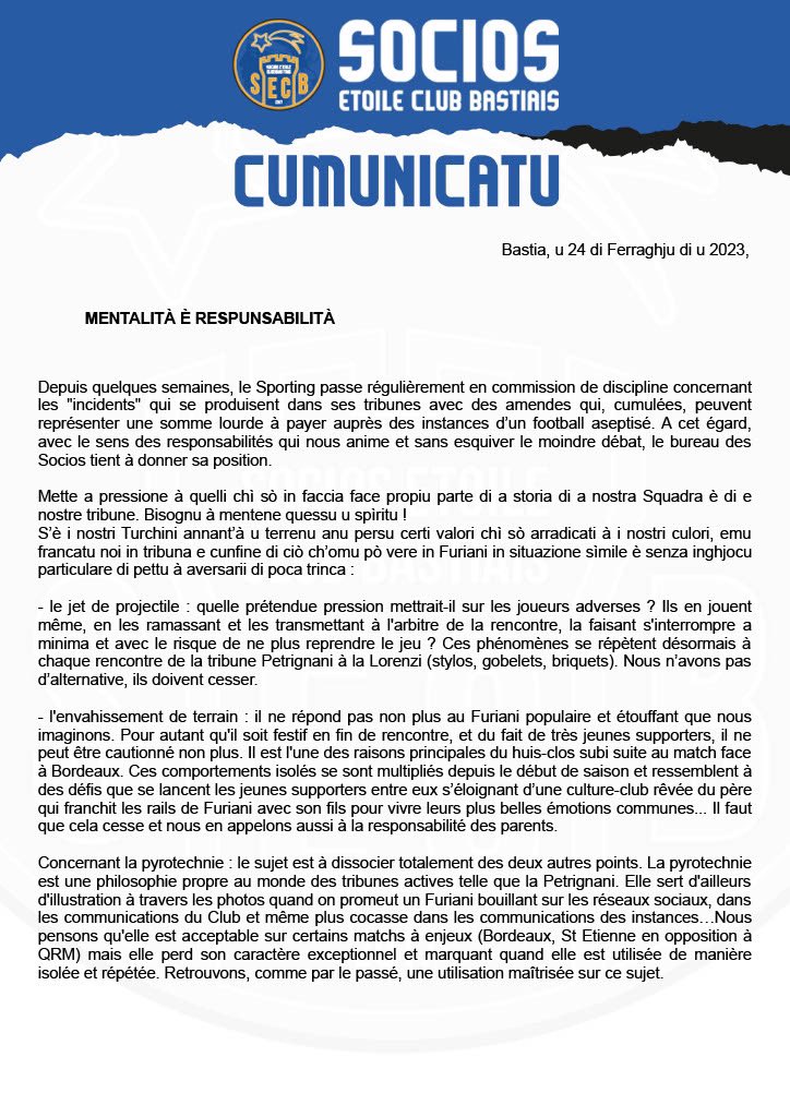 SECBSocios's tweet photo. 🚨 𝗖𝗨𝗠𝗨𝗡𝗜𝗖𝗔𝗧𝗨 : Suite aux amendes et huis-clos qui frappent le Sporting Club di Bastia, le bureau des Socios communique. ⬇️ https://t.co/Vr9hP48sI1