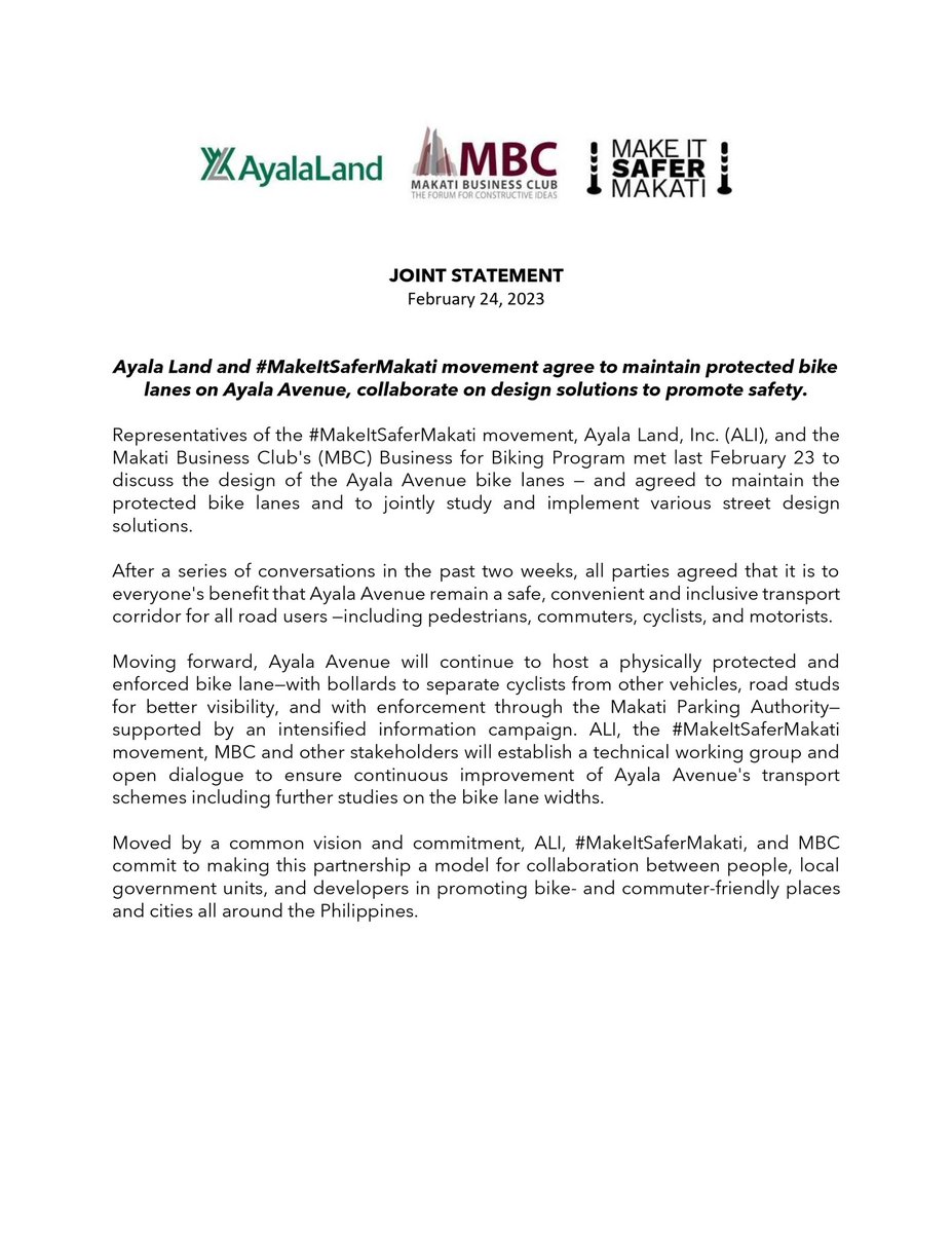 Ayala Land, Inc. (<a href="/AyalaLand/">Ayala Land, Inc.</a>) and #MakeItSaferMakati movement agree to maintain protected bike lanes on Ayala Avenue, collaborate on design solutions to promote safety. More details in the full statement below.
