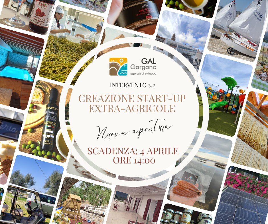 #bandigal
E' stato pubblicato l'avviso pubblico relativo alla riapertura dell'Intervento 3.2 "Creazione di start-up extra-agricole"
Sul sito troverete il bando e i suoi allegati: galgargano.com/.../intervento…
C'è tempo fino al 4 aprile alle ore 14:00!